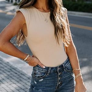 Women's Casual Sleeveless Crew Neck Pads Shoulder Bodysuit